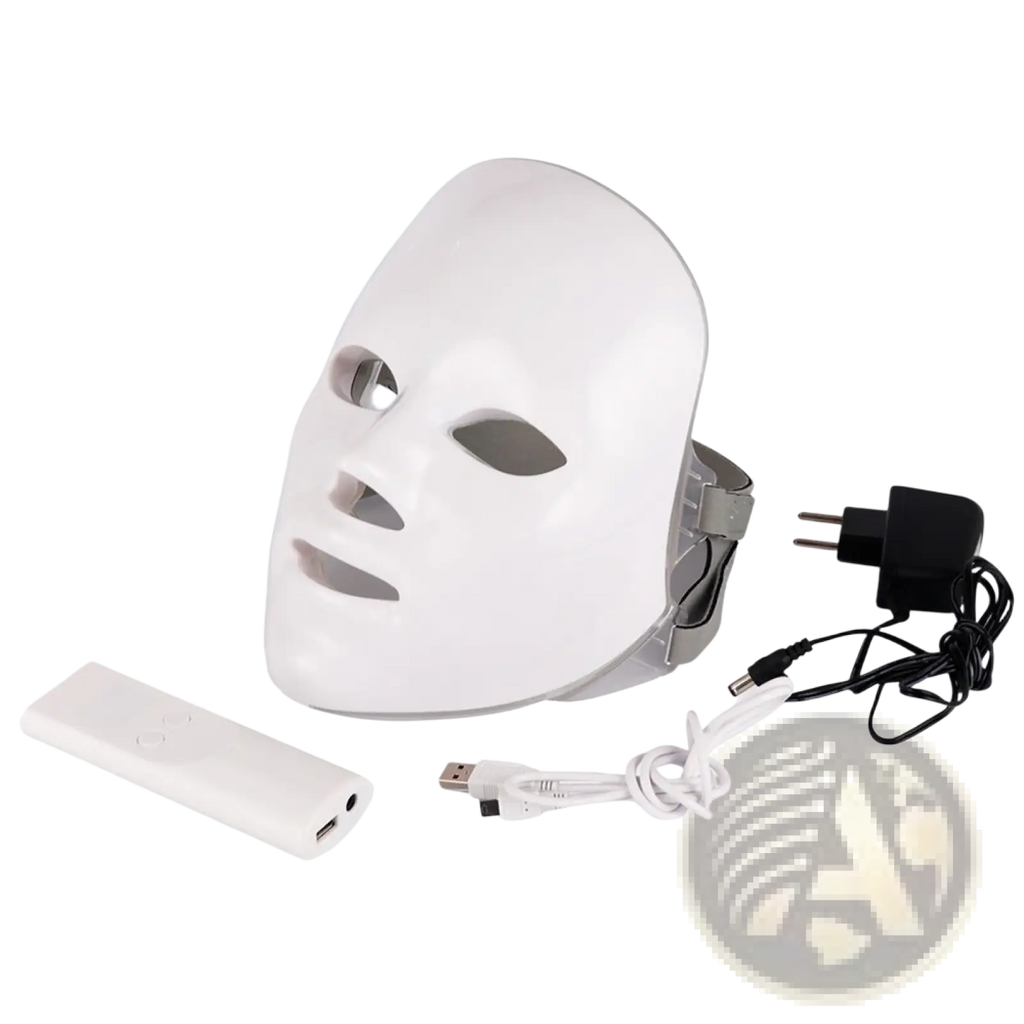 Led facial mask with smooth glossy white finish and adjustable gray headband for seven color red light photon therapy