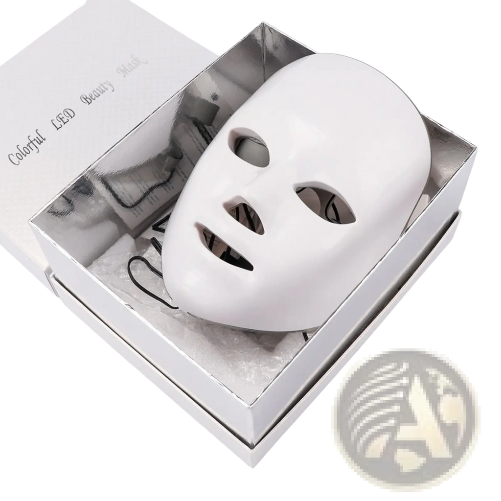 White LED facial mask with 7 color red light photon skin therapy in a sleek silver box for beauty treatment