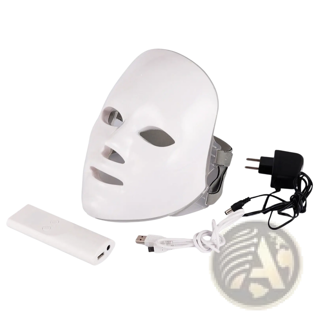 Led facial mask with white smooth glossy finish and adjustable gray headband for red light photon skin therapy