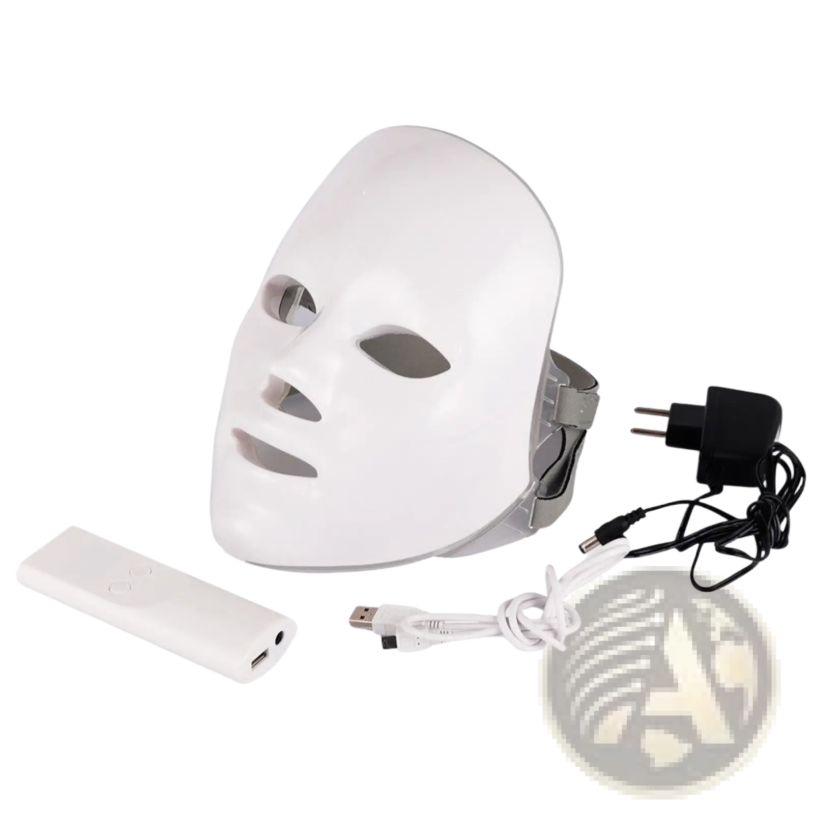 Led facial mask with white smooth glossy finish and adjustable gray headband for red light photon skin therapy