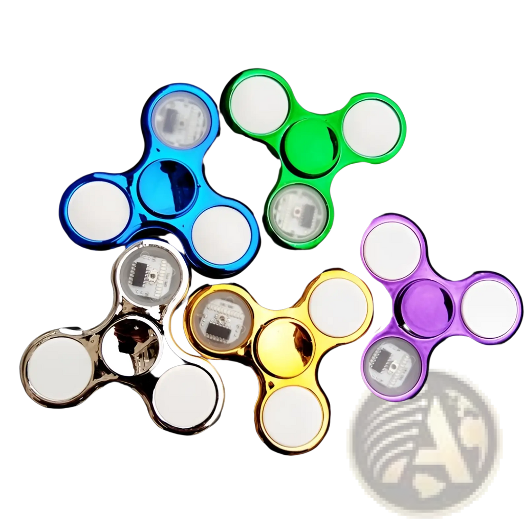 Colorful led fidget spinners in blue green silver golden and purple with white circular ends glow in dark metallic hand toy