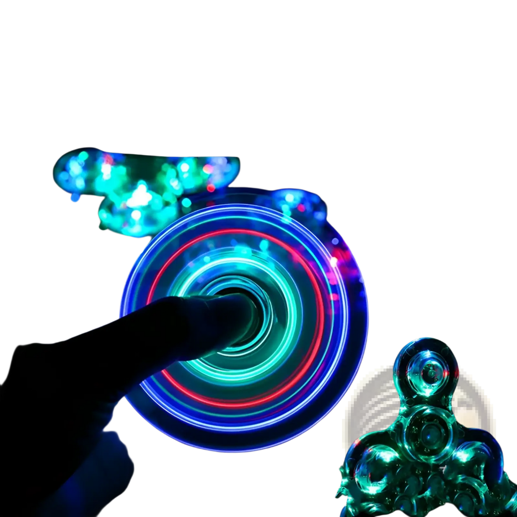 Led fidget spinner glow in dark metallic hand toy with glowing concentric rings of blue and red led light