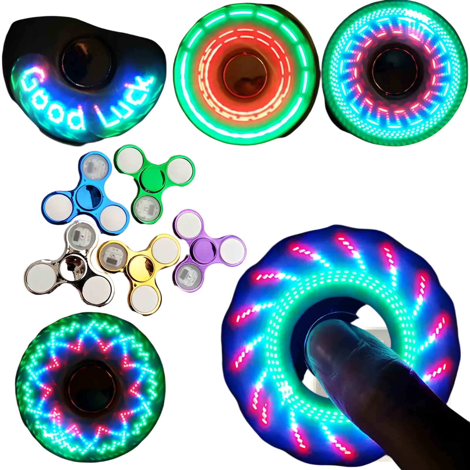Led fidget spinner glow in dark metallic hand toys in colorful led-lit designs including a glowing good luck spinner