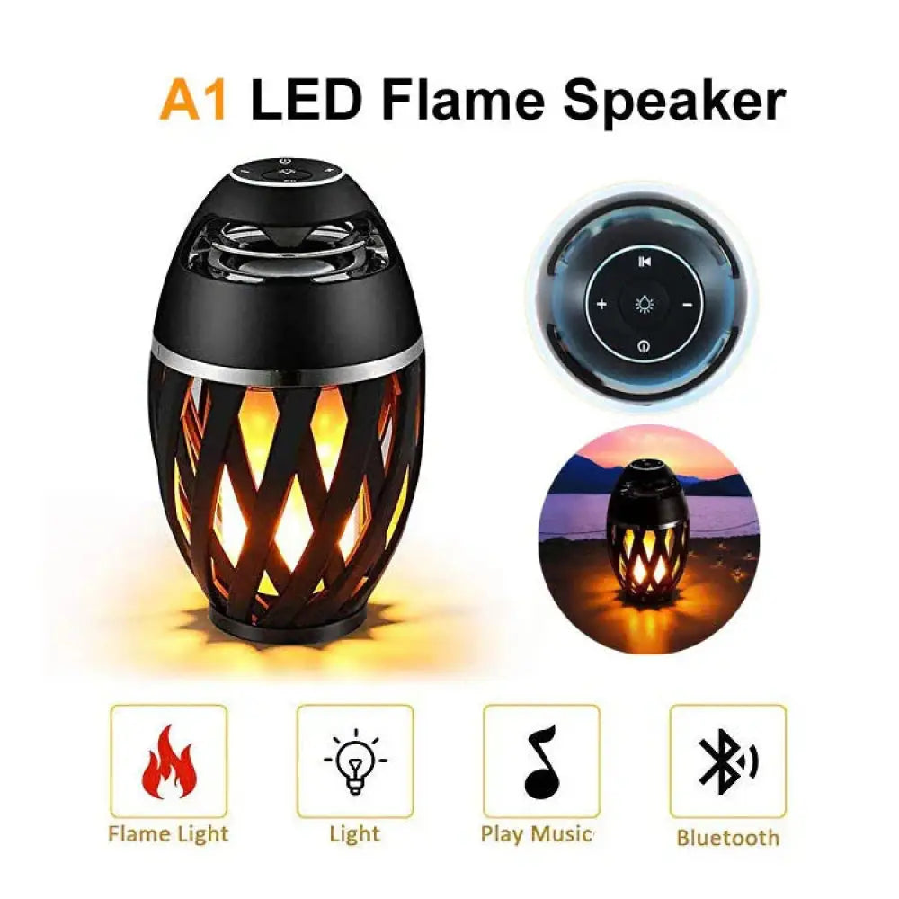 Black Arbaglobal led flame Bluetooth speaker with woven lattice design and glowing orange flame light effect