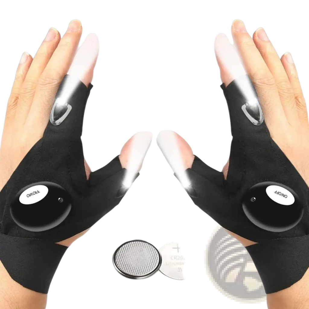 Black fingerless led flashlight gloves with integrated fingertip lights and power button on back for outdoor night fishing
