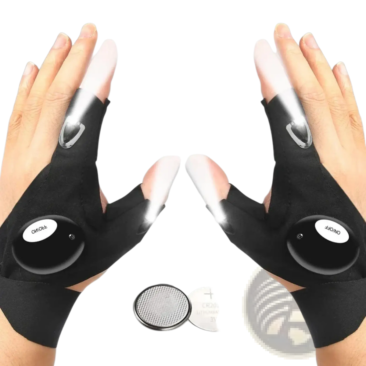 Black fingerless led flashlight gloves with integrated fingertip lights and power button on back for outdoor night fishing