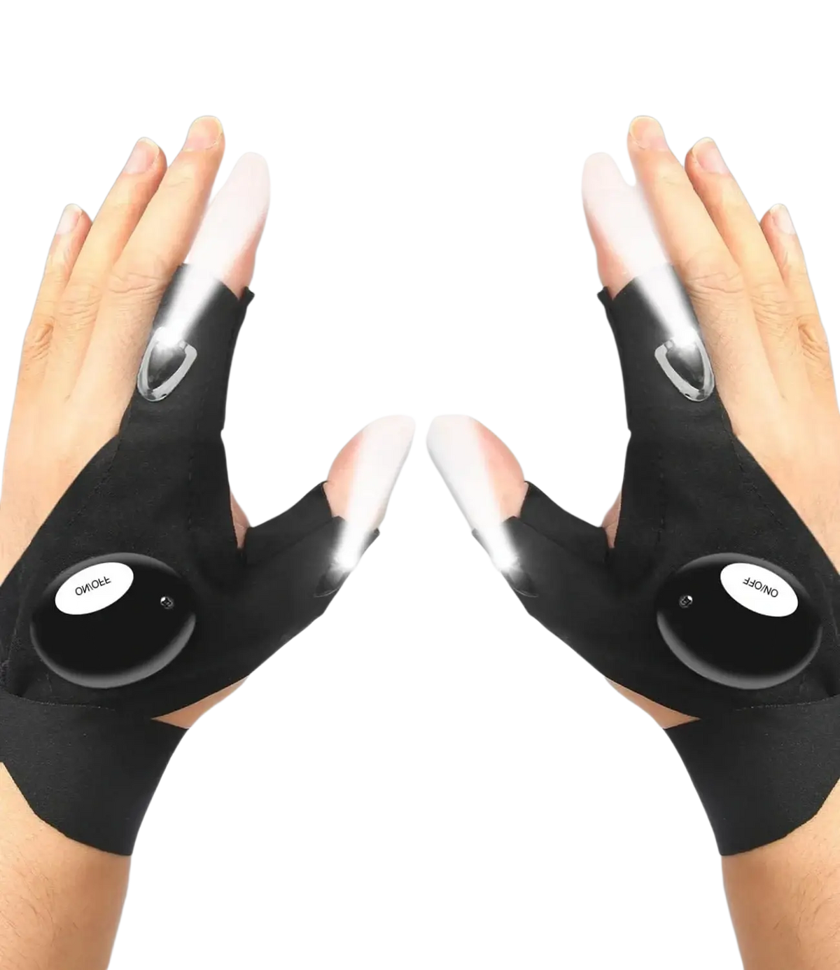 Black fingerless led flashlight gloves with solar panels on back designed for outdoor night fishing use
