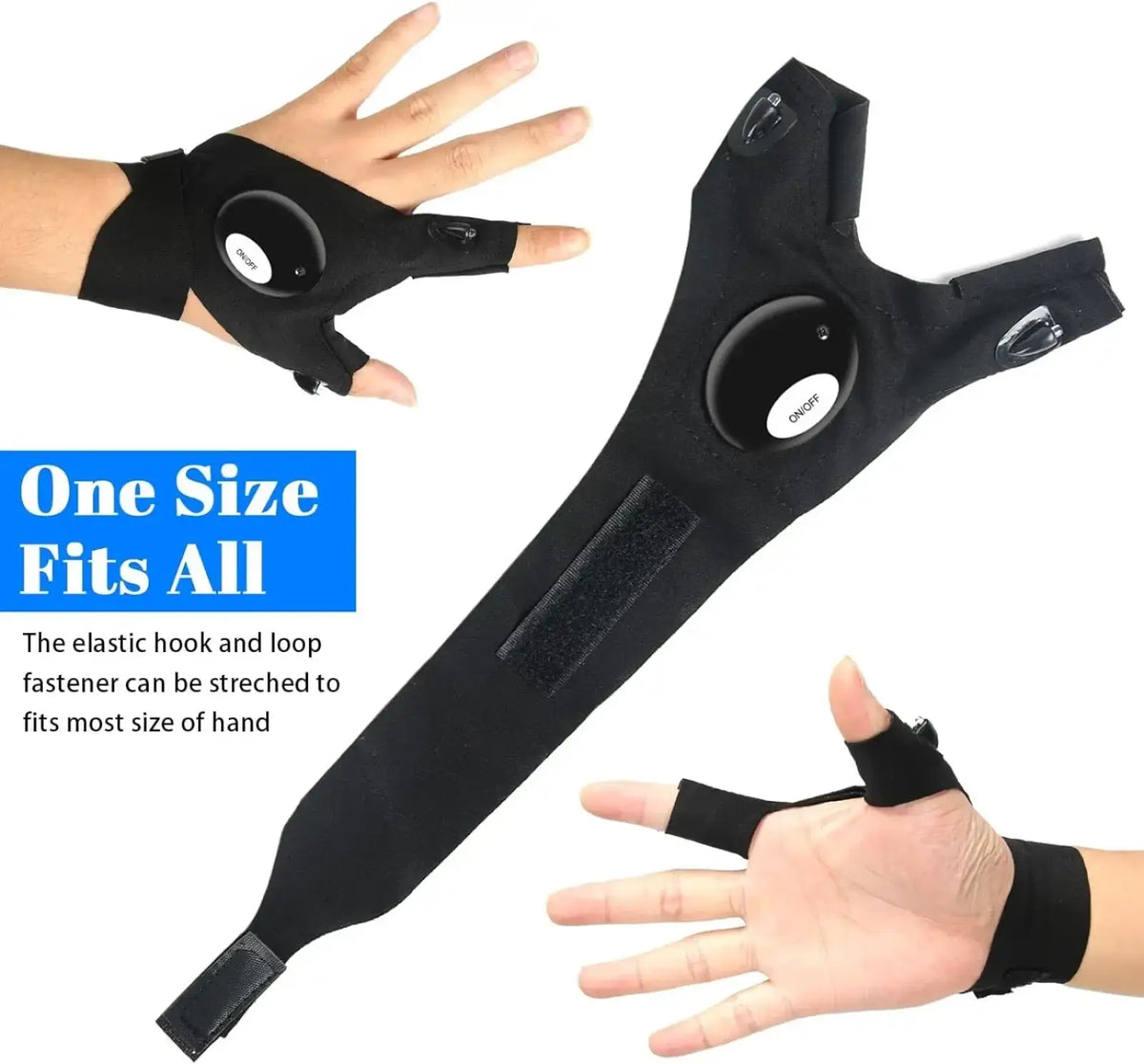 Black fingerless led flashlight glove with adjustable elastic strap ideal for outdoor night fishing shown from back side