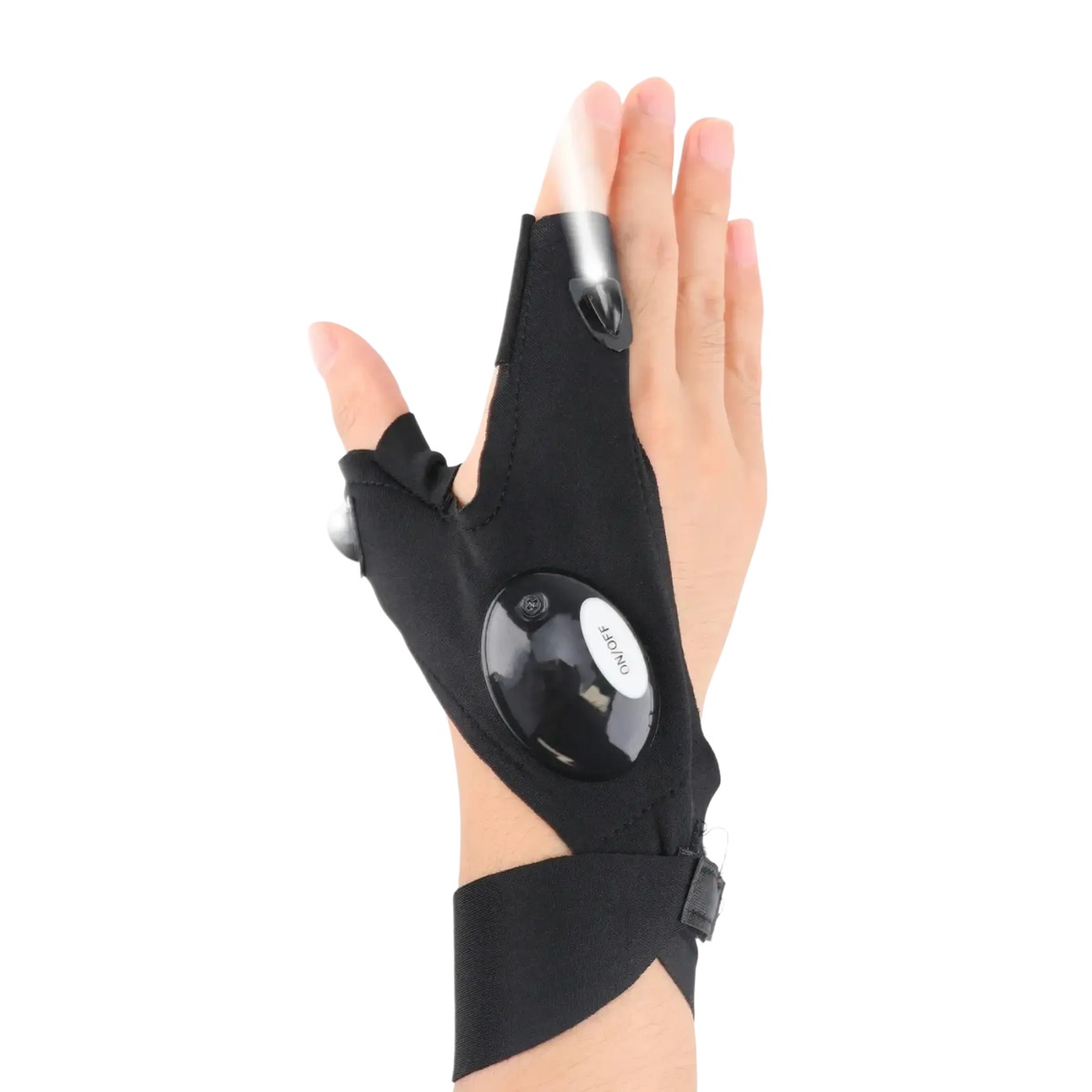 Black fingerless led flashlight glove made of durable fabric with circular control button on back for night fishing use