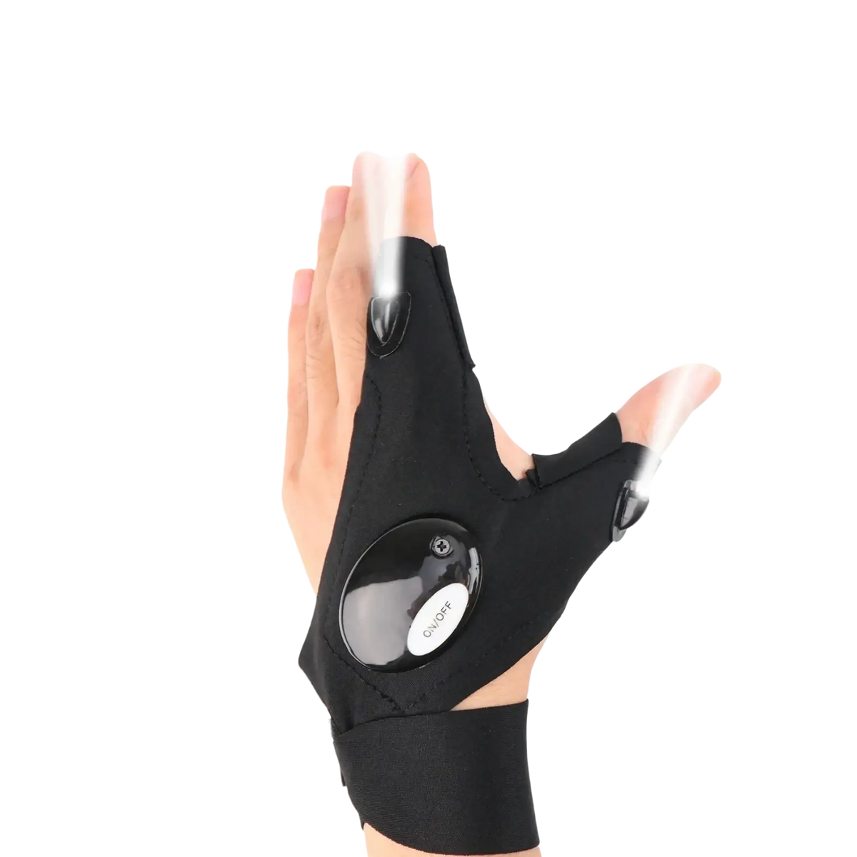 Black fingerless led flashlight gloves with integrated thumb and index lights and circular on/off control button for outdoor fishing