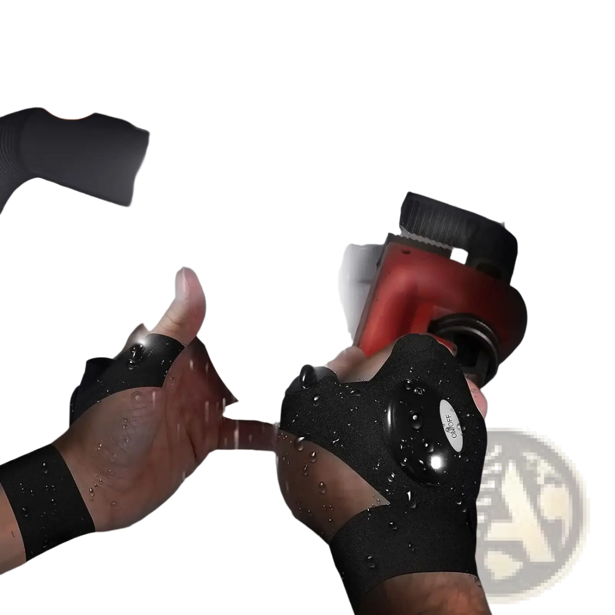 Black waterproof work gloves with integrated led lights on the back for outdoor night fishing use