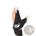 Black fingerless led flashlight gloves with integrated thumb and index lights and circular on/off control button for outdoor fishing