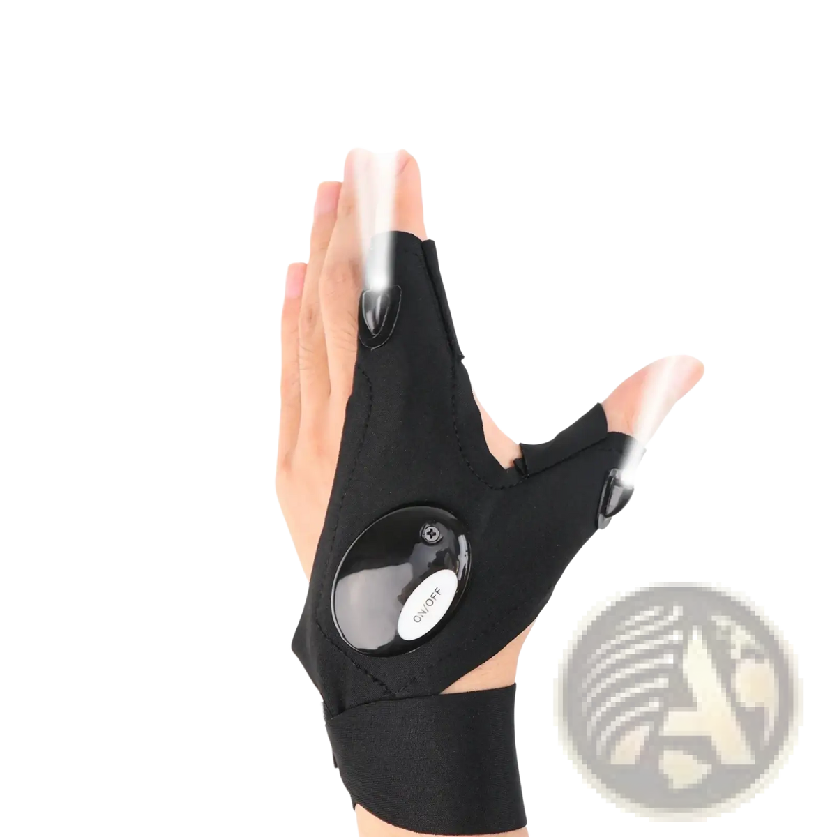 Black fingerless led flashlight gloves with integrated thumb and index lights and circular on/off control button for outdoor fishing