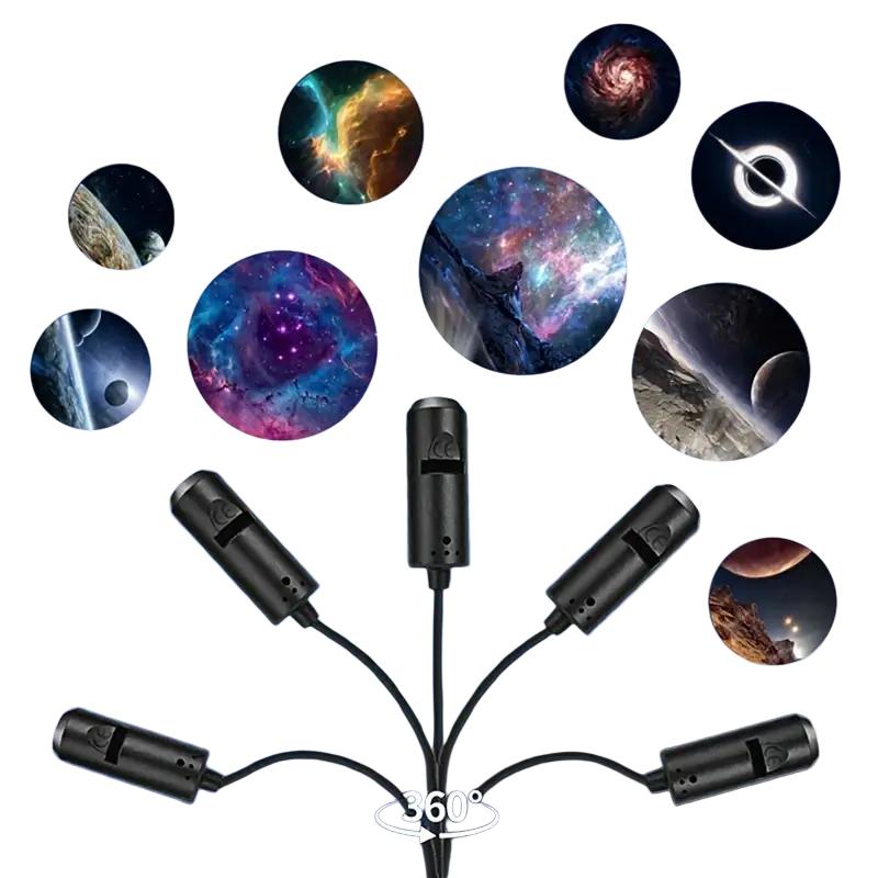 Black 360-degree led galaxy projection lamp with flexible arms projecting cosmic space scenes and 10 slides