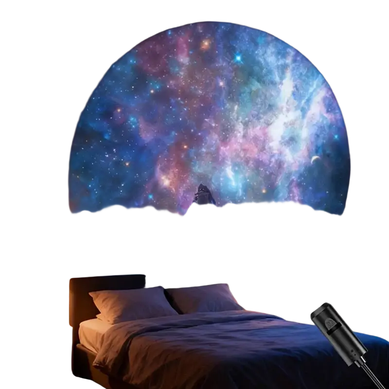 Black handheld led galaxy projection lamp showing vibrant blue and purple cosmic scene over snow capped mountain