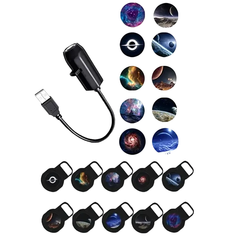 Black led galaxy projection lamp with usb power flexible cord and interchangeable space-themed lens covers