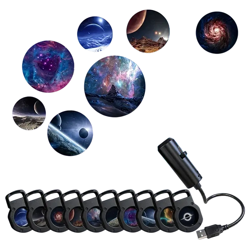 Black led galaxy projection lamp usb powered with ten interchangeable cosmic-themed lens inserts for home decor