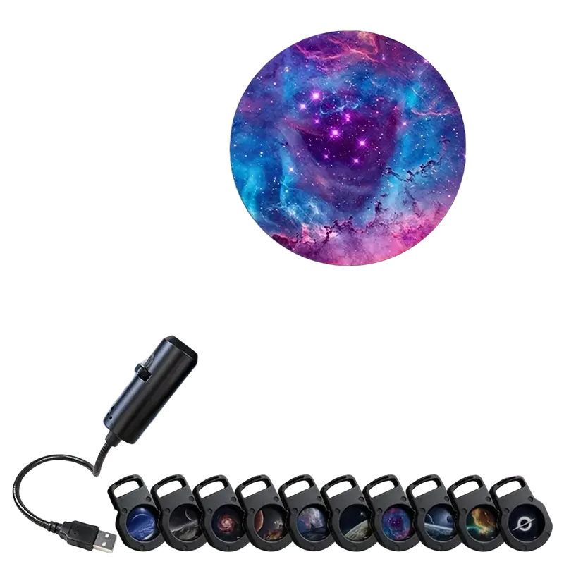 Black usb-powered led galaxy projection lamp with 10 cosmic-themed interchangeable lens attachments for starry effects
