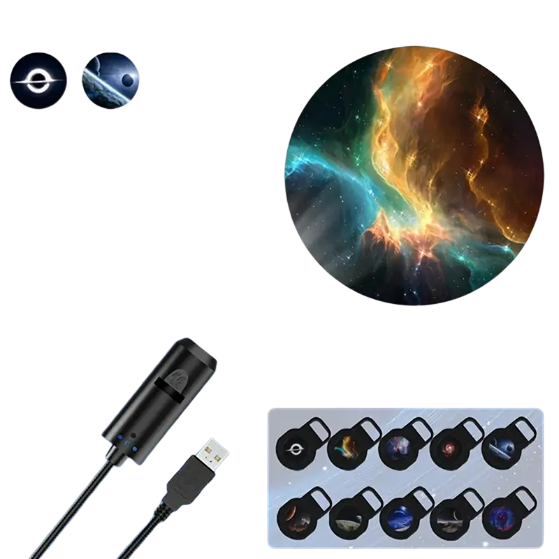 Black led galaxy projection lamp with usb power and interchangeable cosmic-themed lens covers and 10 slides
