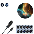 Black usb-powered led galaxy projection lamp with 10 interchangeable cosmic-themed lens covers for home decor