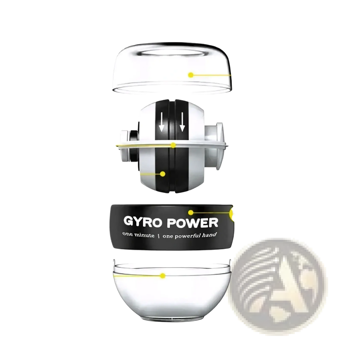 Led gyro wrist ball exerciser in black and silver with transparent spherical shells and silicone non-slip base for arm strength