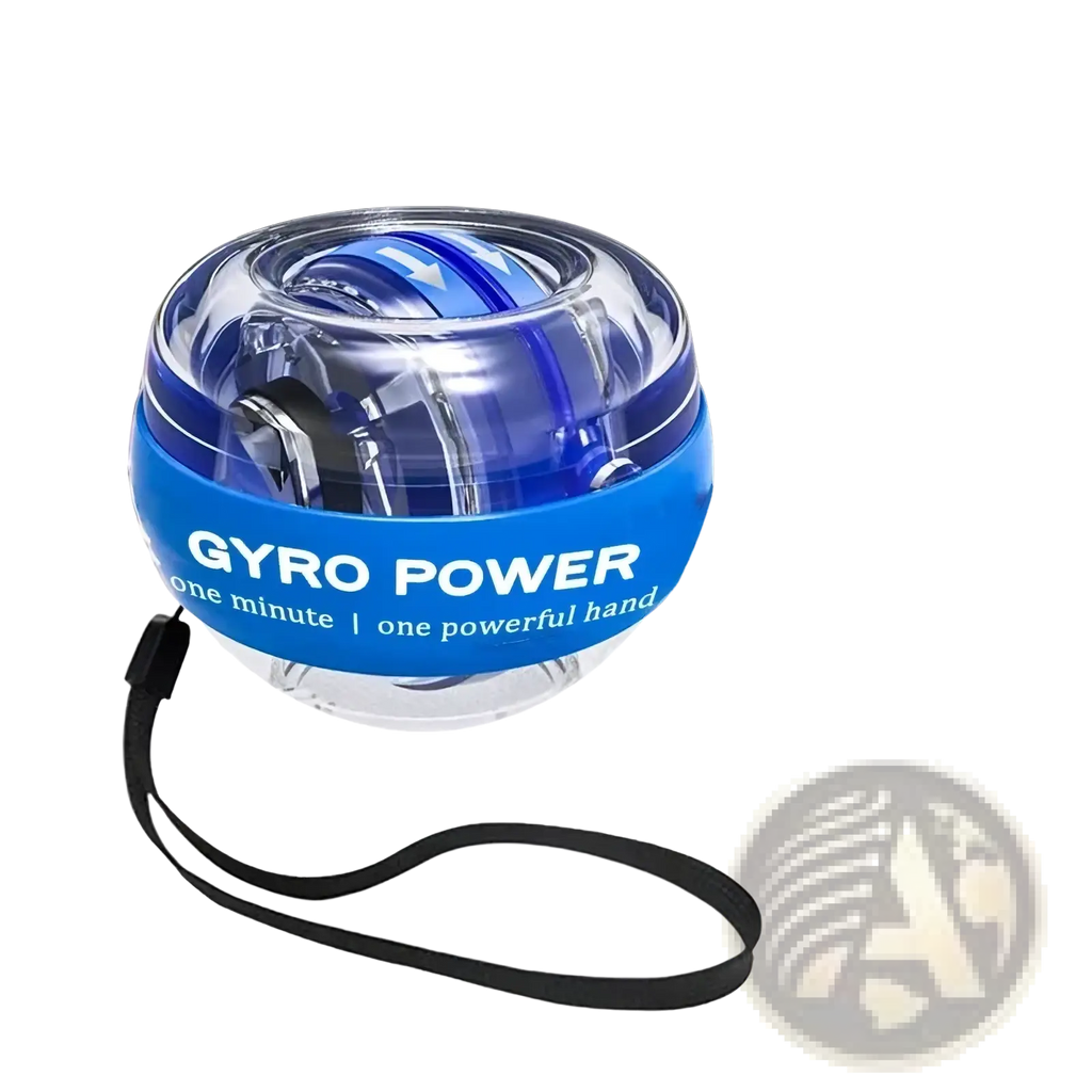 Blue led gyro wrist ball exerciser with transparent top and black wrist strap for arm strength and power training