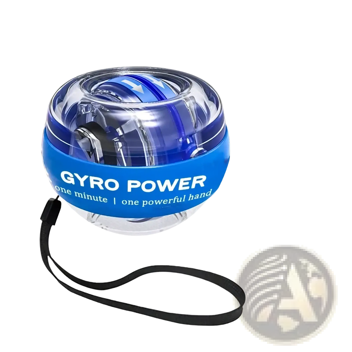 Blue led gyro wrist ball exerciser with transparent top and black wrist strap for arm strength and power training