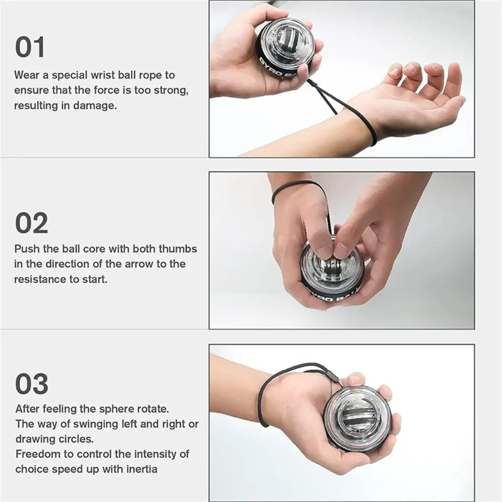 Led gyro wrist ball exerciser with clear plastic and black rubber circular design for arm strength by cybro