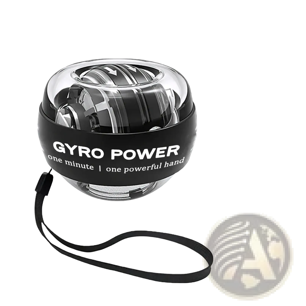 Led gyro wrist ball exerciser in black and transparent with gyro power branding and wrist strap for arm strength training