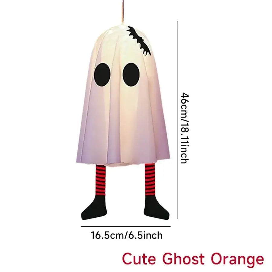Led halloween ghost pendant light in orange with black eyes stitched mouth red and black striped legs and black shoes hanging lantern