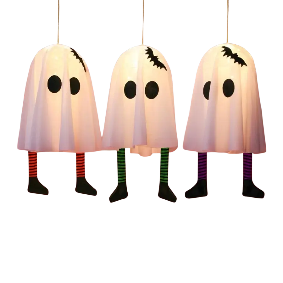 Led halloween ghost pendant lights featuring three white translucent ghost-shaped lanterns with black eyes and bat decals