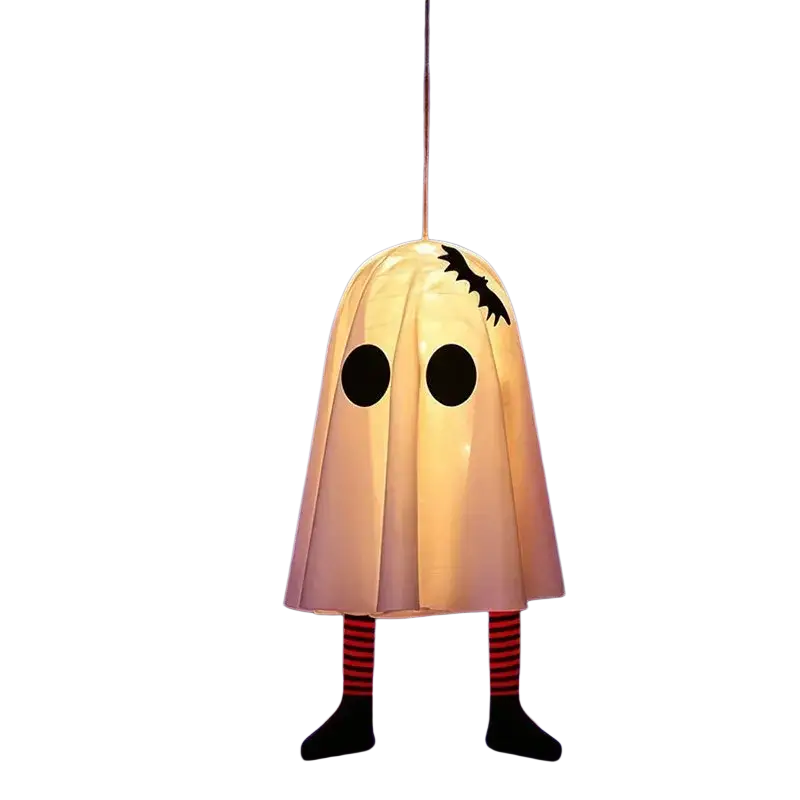 Led halloween ghost pendant light features a glowing white ghost lantern with bat silhouette and red black striped legs
