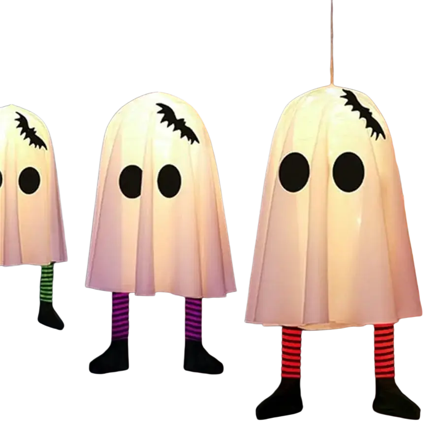 Led halloween ghost pendant lights featuring white paper ghost lanterns with black eyes and bat decals hanging from strings