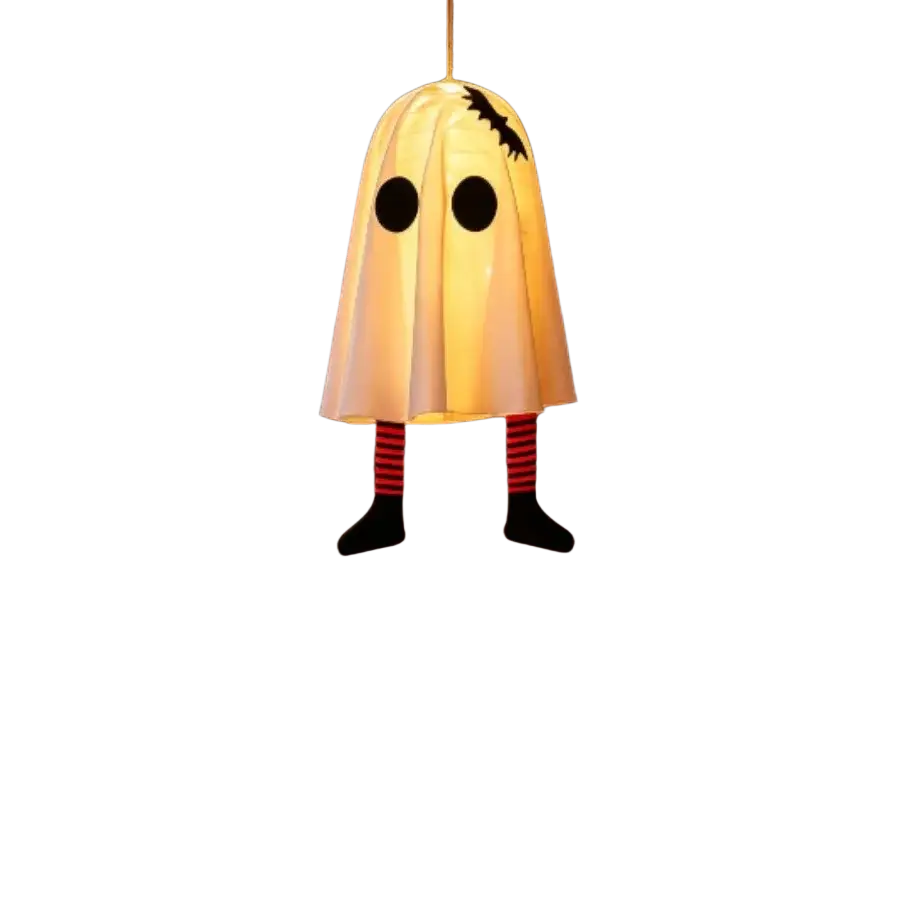 Led halloween ghost pendant light glowing white paper lantern with black eyes bat silhouette and striped legs hanging