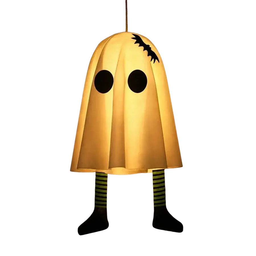 Led halloween ghost pendant light glowing yellow with black eyes bat silhouette and striped green and black legs hanging lamp