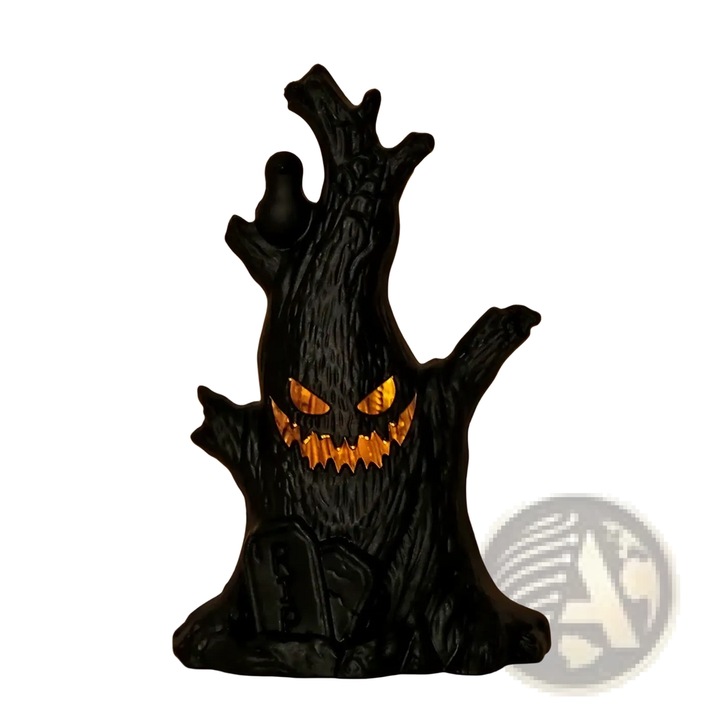 Black plastic LED Halloween ghost tree light with glowing orange eyes and teeth spooky decoration