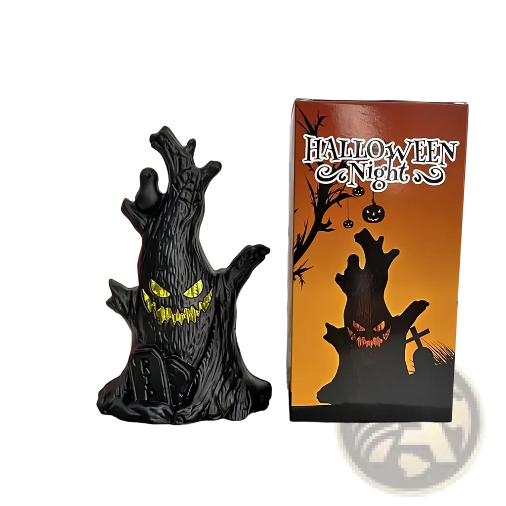 Led halloween ghost tree light spooky decoration black molded plastic tree figurine with glowing yellow eyes and menacing grin