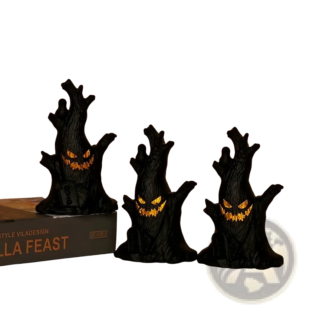 Led halloween ghost tree light featuring three black tree figurines with glowing orange eyes for spooky decoration