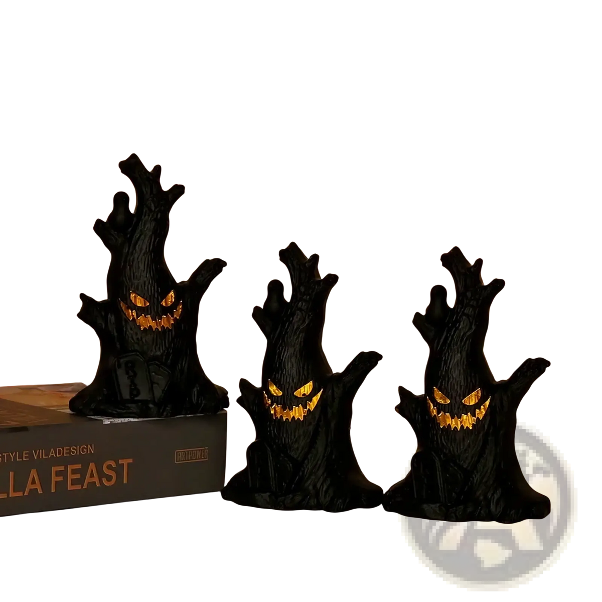 Led halloween ghost tree light featuring three black tree figurines with glowing orange eyes for spooky decoration