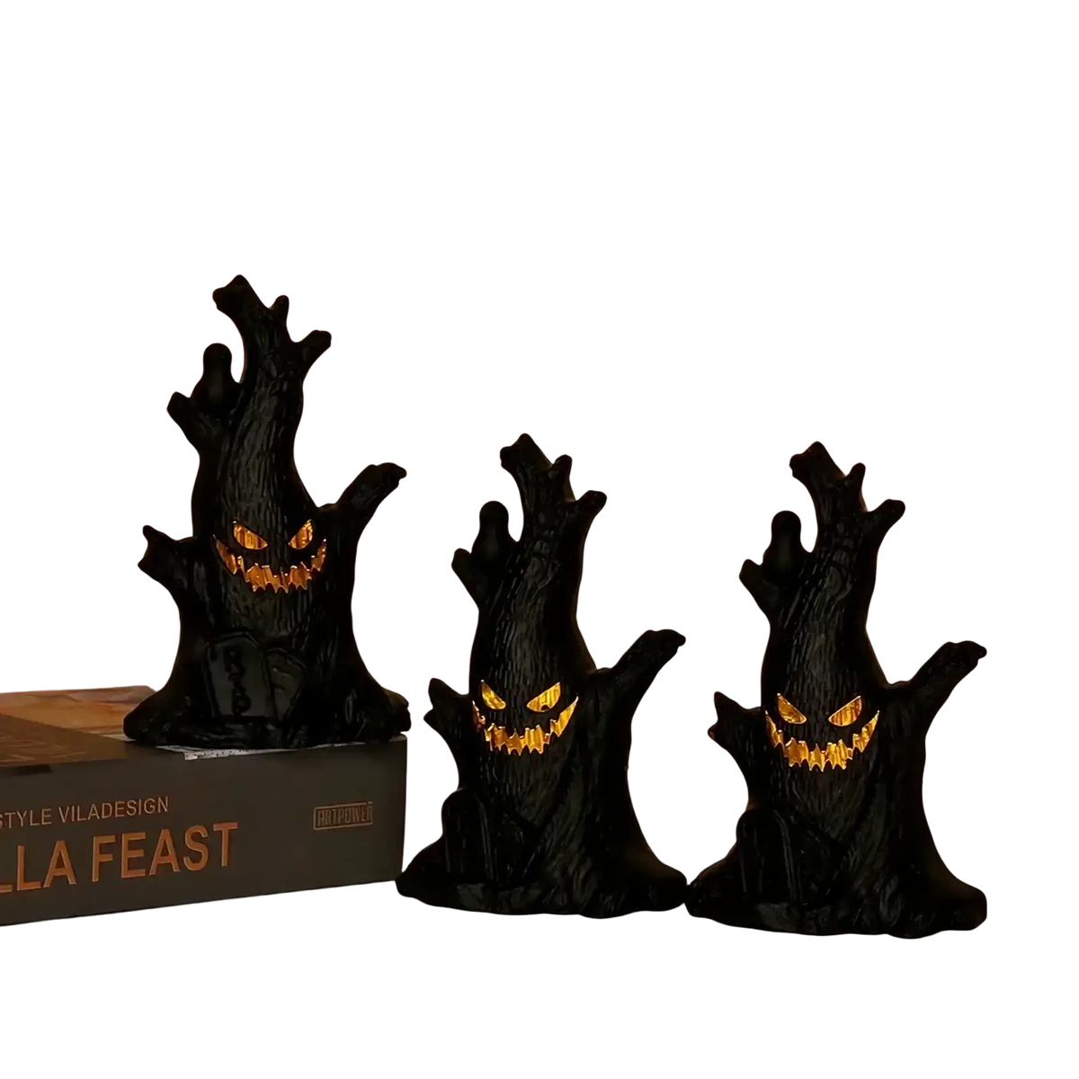 Three black led halloween ghost tree lights with glowing orange eyes and jagged teeth spooky decoration
