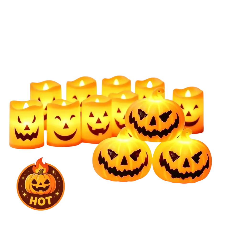 Led halloween pumpkin lights 6-pack featuring orange led pumpkins with black jack-o-lantern faces for table decor