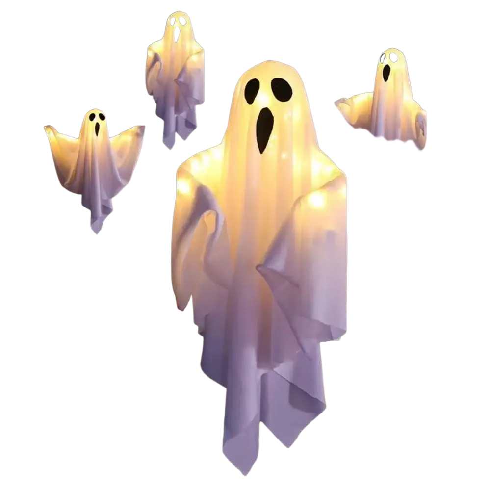 Led hanging ghost halloween decoration with illuminated white fabric and glowing black eyes and mouth hanging outdoors