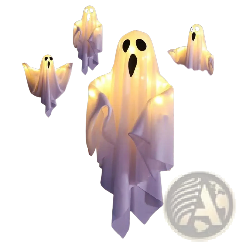 Led hanging ghost halloween decoration with illuminated white fabric and glowing black eyes and mouth hanging outdoors