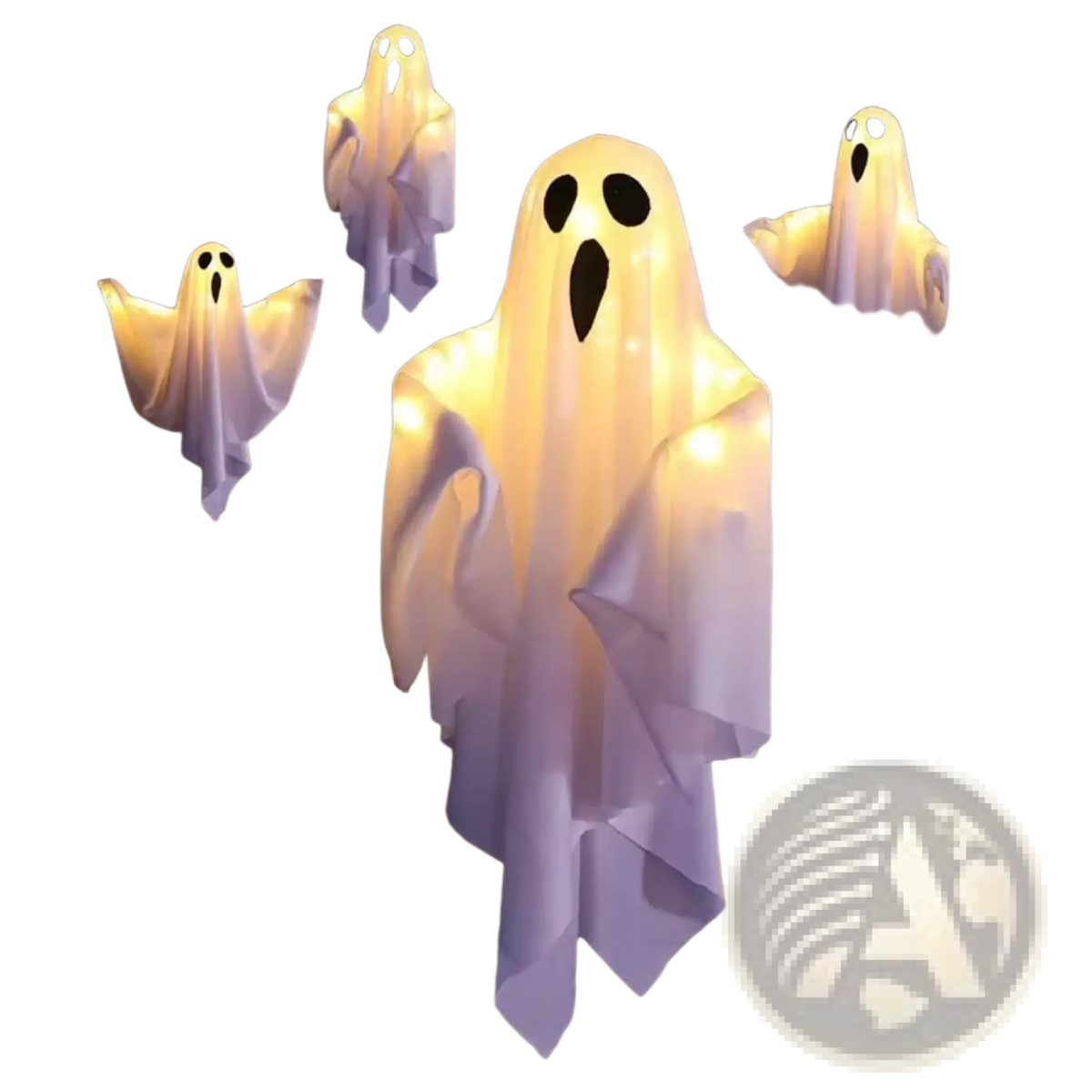 Led hanging ghost halloween decoration with illuminated white fabric and glowing black eyes and mouth hanging outdoors