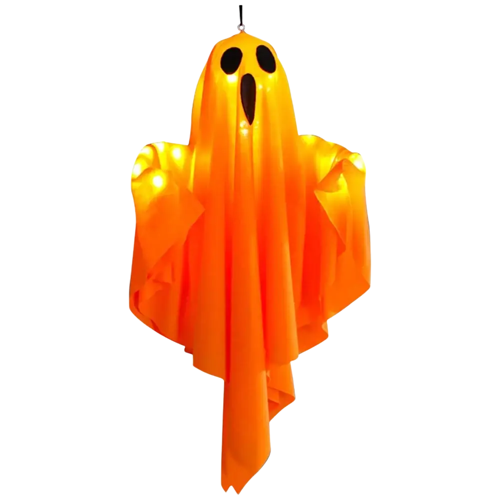 Led hanging ghost halloween decoration glowing orange translucent plastic with black eye and mouth cutouts