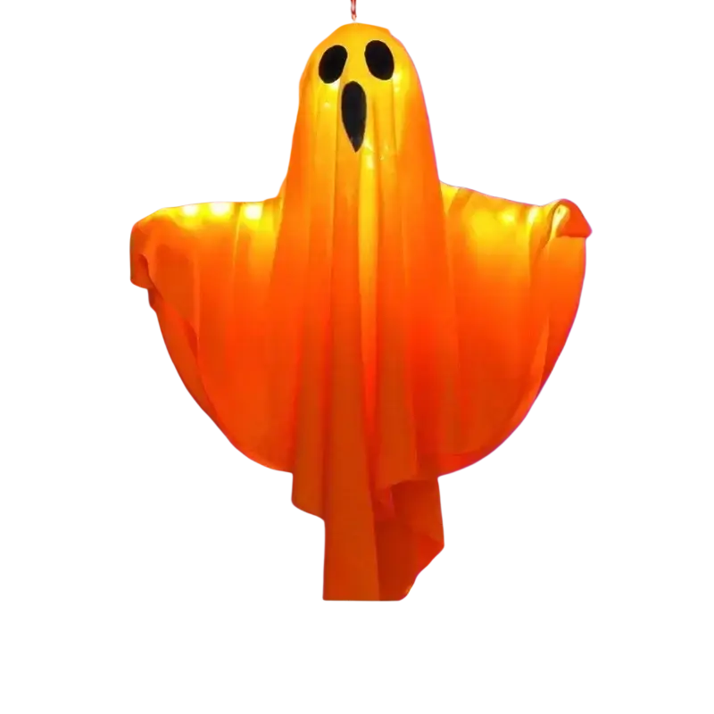 Led hanging ghost halloween decoration glowing orange with black cutouts made of lightweight fabric material