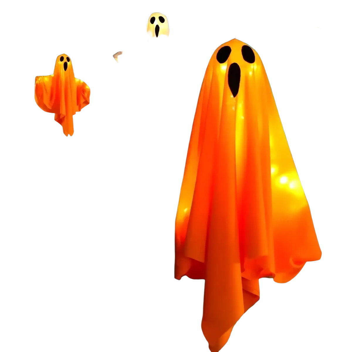 Led hanging ghost halloween decoration featuring orange glowing ghost lanterns hanging from branches in a spooky scene