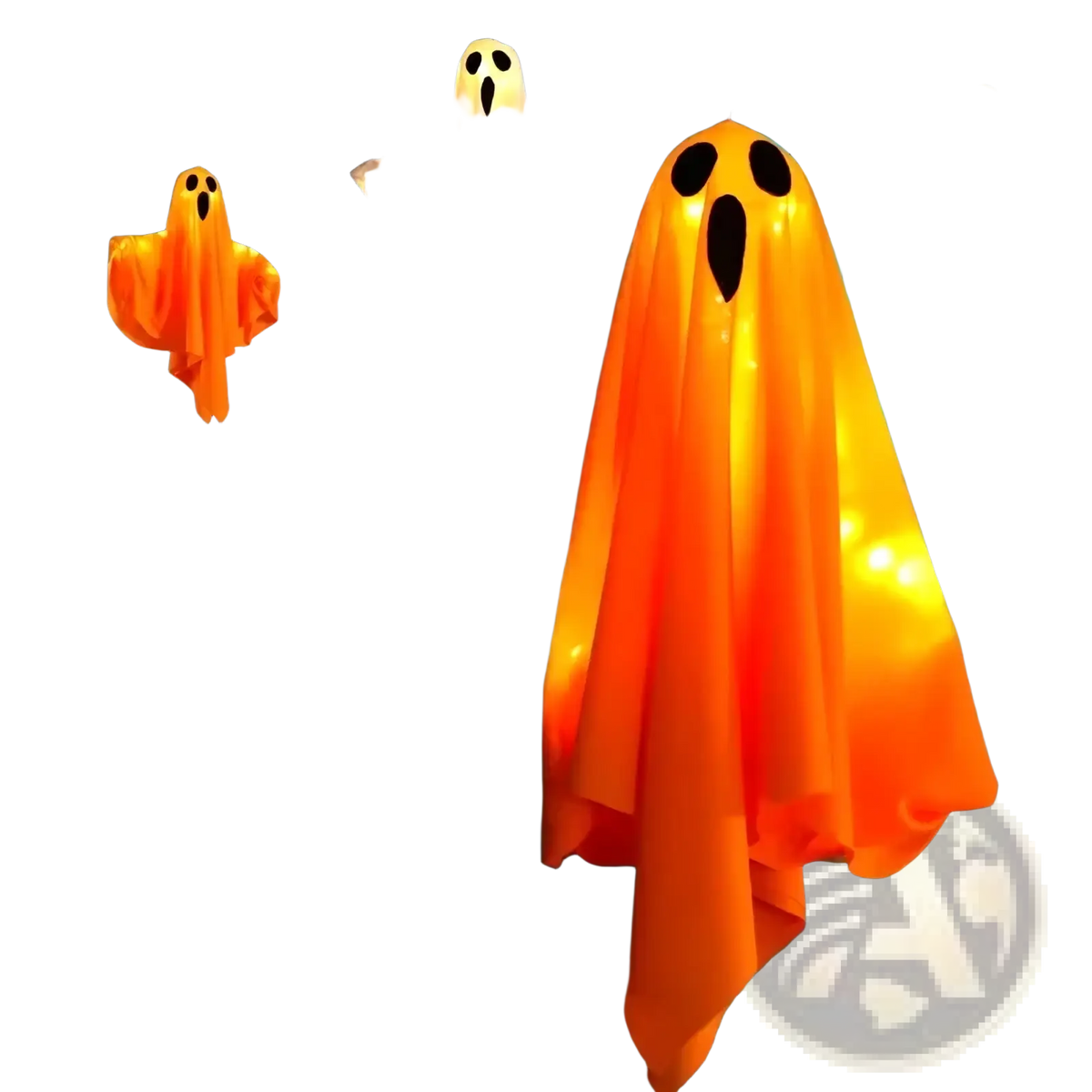 Led hanging ghost halloween decoration featuring orange glowing ghost lanterns hanging from branches in a spooky scene