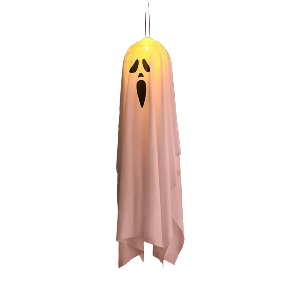 Led hanging ghost halloween decoration featuring a glowing pink ghost-shaped light fixture with a black face design