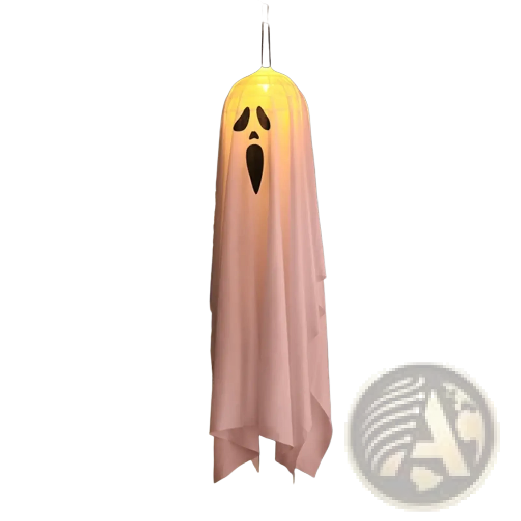Led hanging ghost halloween decoration featuring a glowing pink ghost-shaped light fixture with a black face design